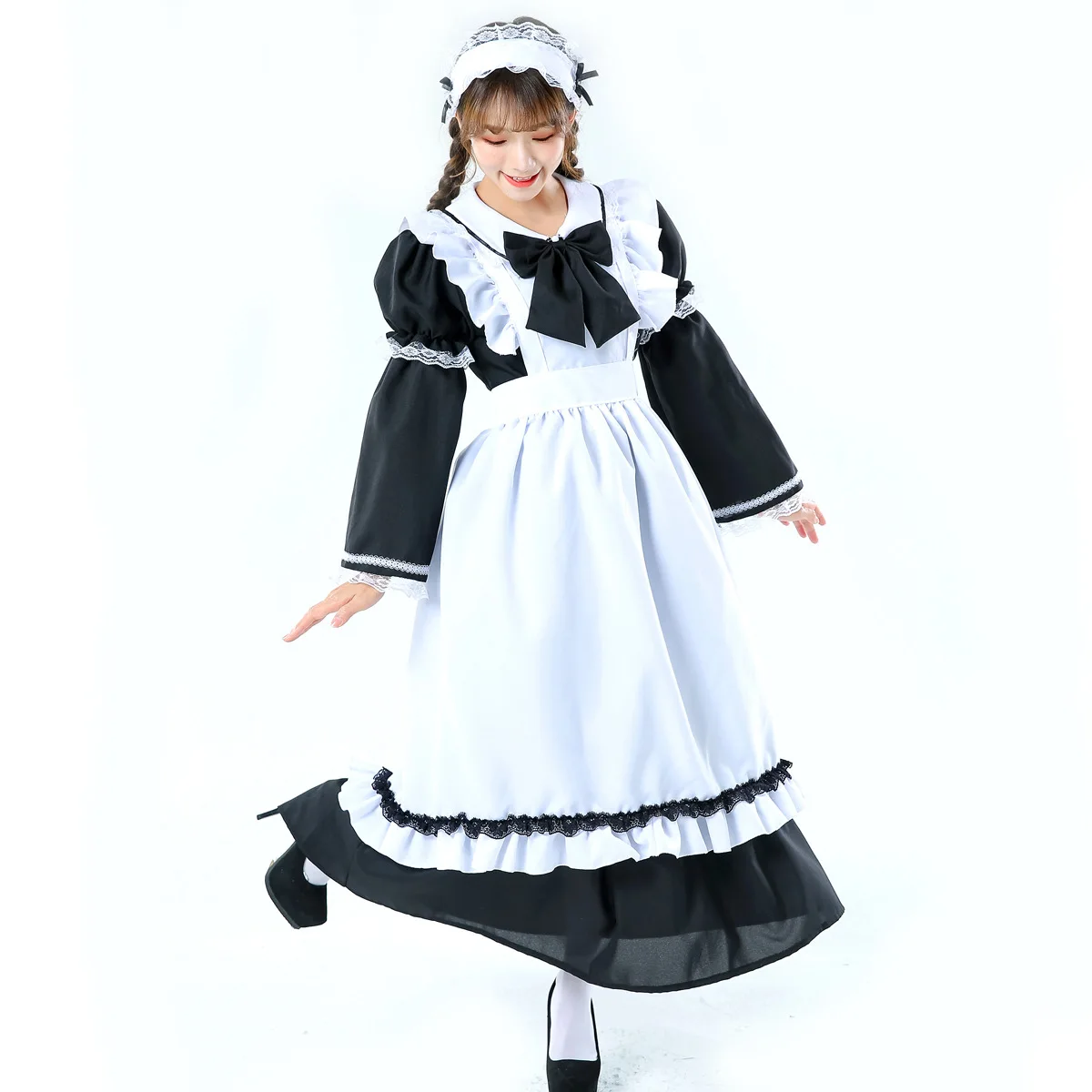

Women Adult Maid Cosplay Costume Outfit Clubwear Female Front Button Down Long Maxi Fancy Dress with Apron and Headpiece