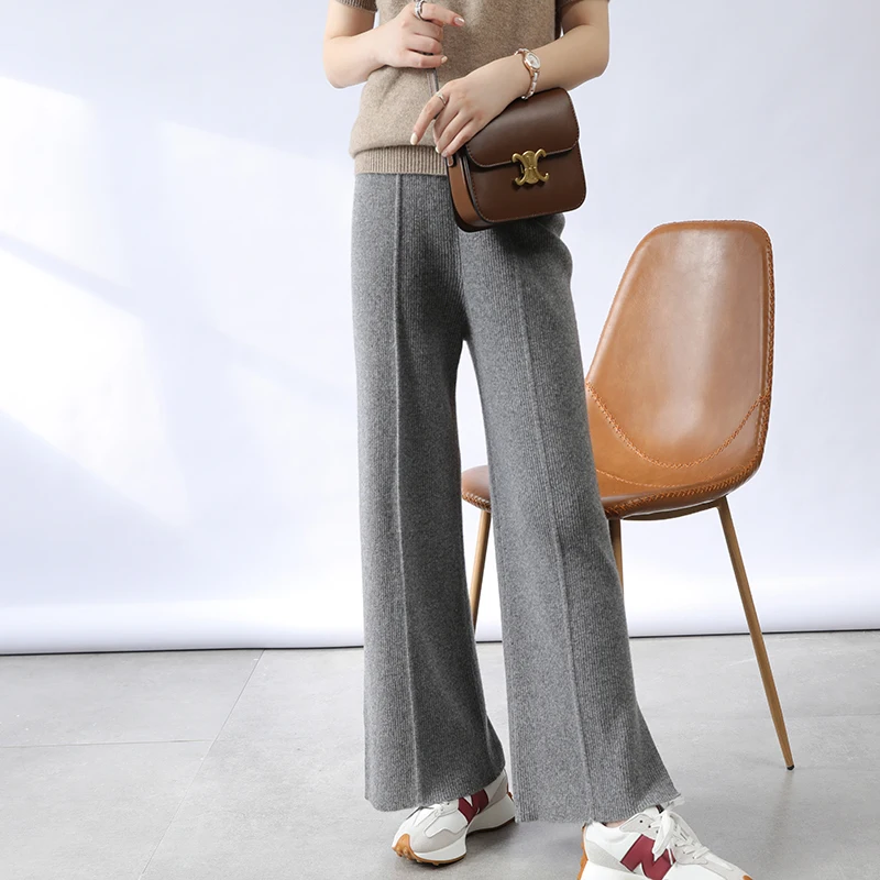 2021 new autumn winter women's trousers 100% cashmere wool knitted women's pants high-waist casual Ladies thick wide-leg pants