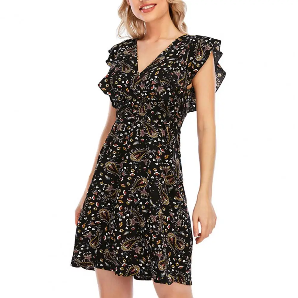 

Hot Sale Women's Flower Dress Deep V-neck High Waist Bodycon Dress Summer Short Sleeve Ruffle Dresses For Women Casual Robe Ete