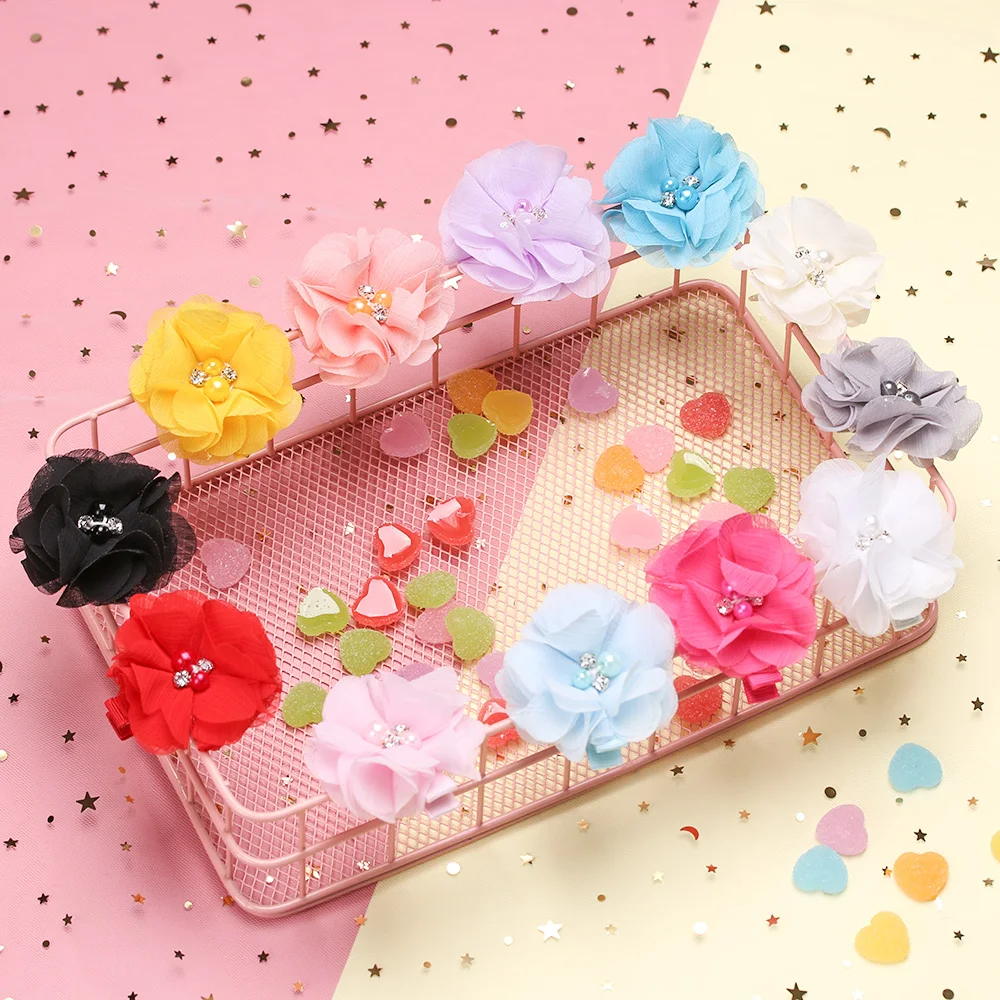 Baby girl Pearl Rhinestone Flowers Clips Girls Chiffon Fabric Hair Accessories Lovely Handmade Children's Gift Headwear | Детская