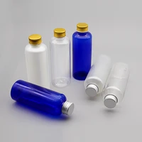 50pcs 150ml empty pearl clear blue pet cosmetic bottle with silvergold aluminum screw cap 150cc shampoo refillable container