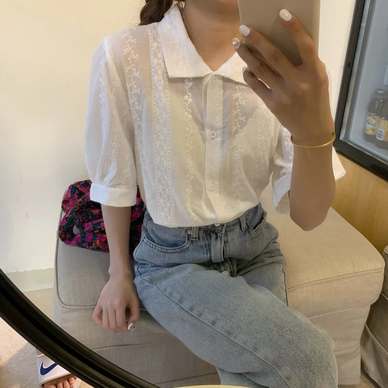 

HziriP Korean Lapel Stylish Femme Chic Hot OL 2021 New Flowers Sweet Short Sleeves Streetwear Summer All Match Loose Shirts