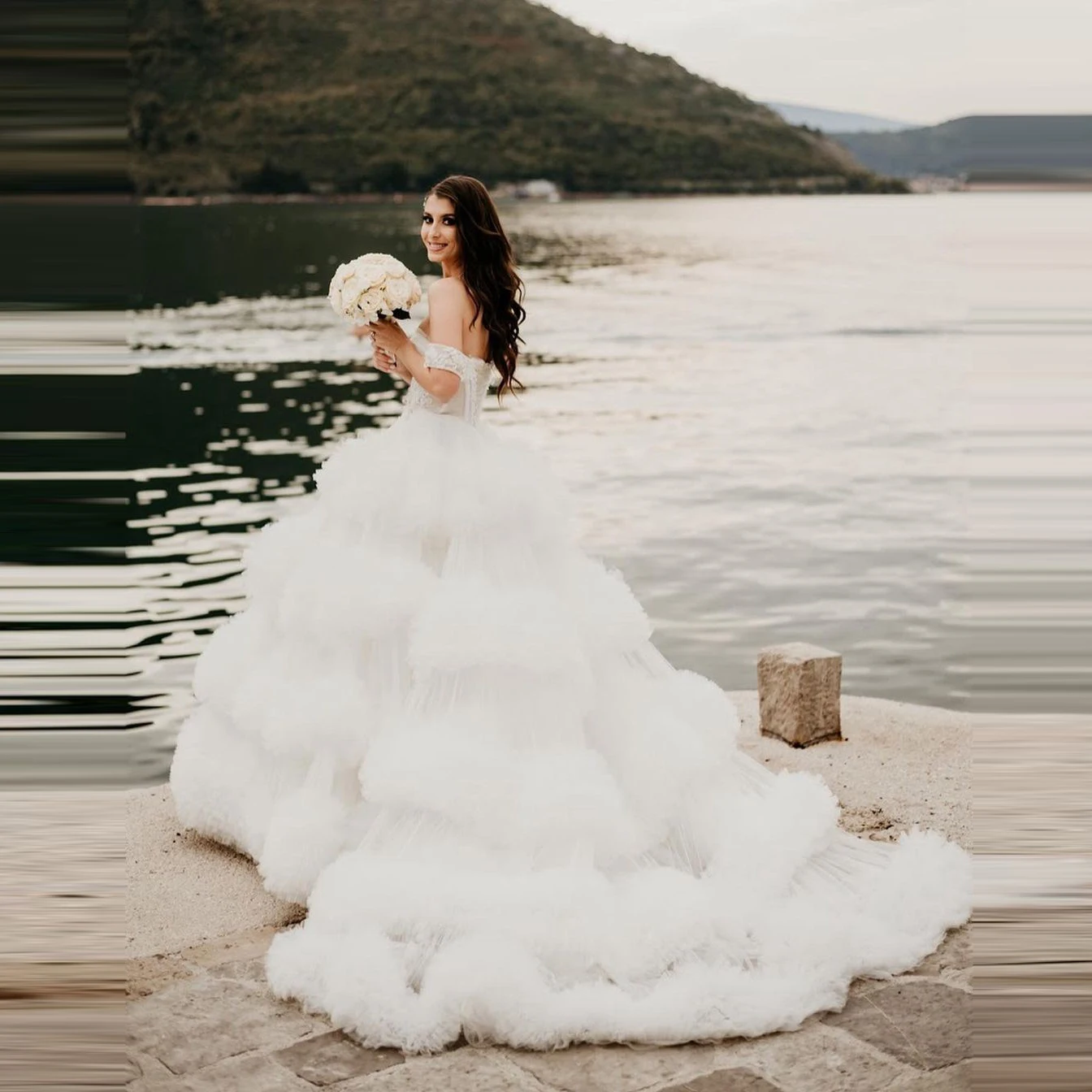 

Luxury Beaded Bridal Wedding Dresses Long Sleeves Deep V Neck Sequins Tulle Extra Puffy Ruffles Long Wedding Gowns In Dubai