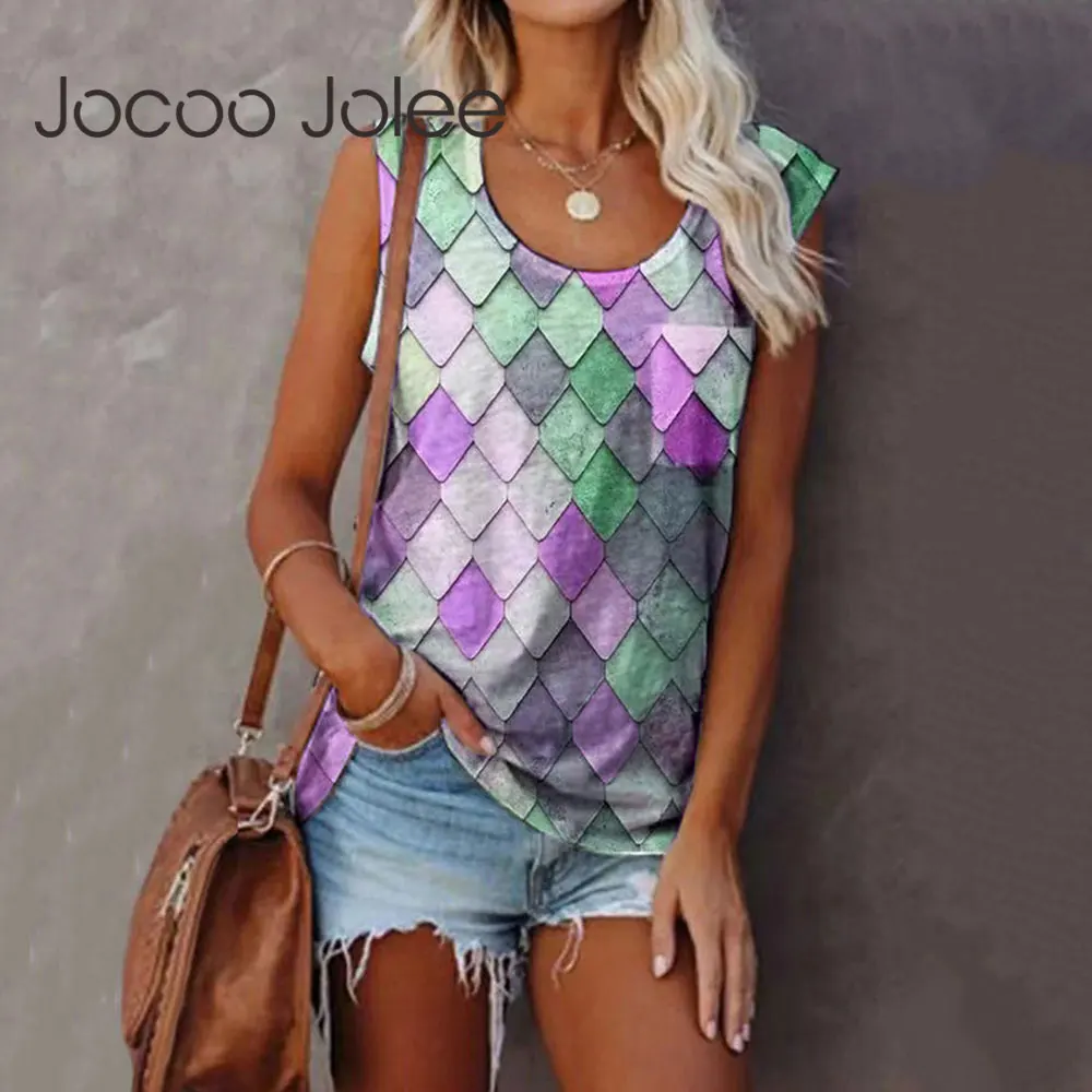 

Jocoo Jolee Women Summer Vintage Plaid Sleeveless Loose T Shirts Casual O Neck Pockets Tees Streetwear Vest 3D Print Tanks Top