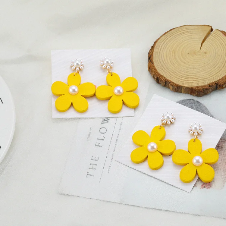 Новинка 2019 корейские деревянные серьги большие висячие жемчужные цветочные для