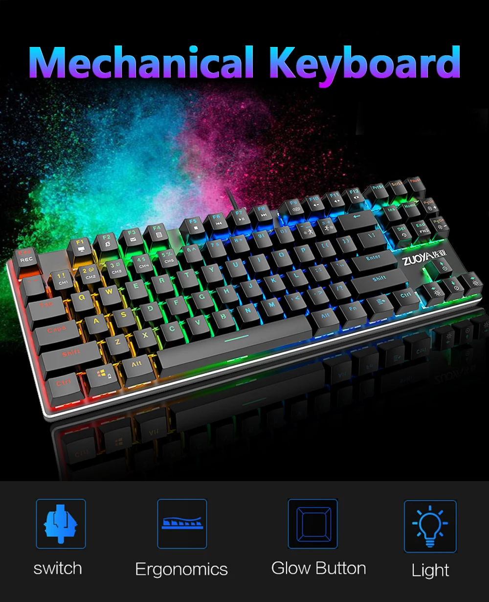 Игровая механическая клавиатура 87 клавиш микс/RGB подсветка игровая Проводная клавиатура синий красный переключатель USB для компьютера ноутбука английский/русский