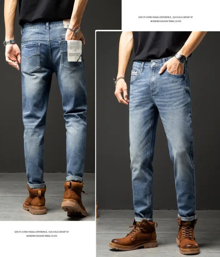 Classic Men Jeans Retro Stretch Straight Jeans Men's Spring AutumnDenim Trousers Casual Slim-Fit Jeans