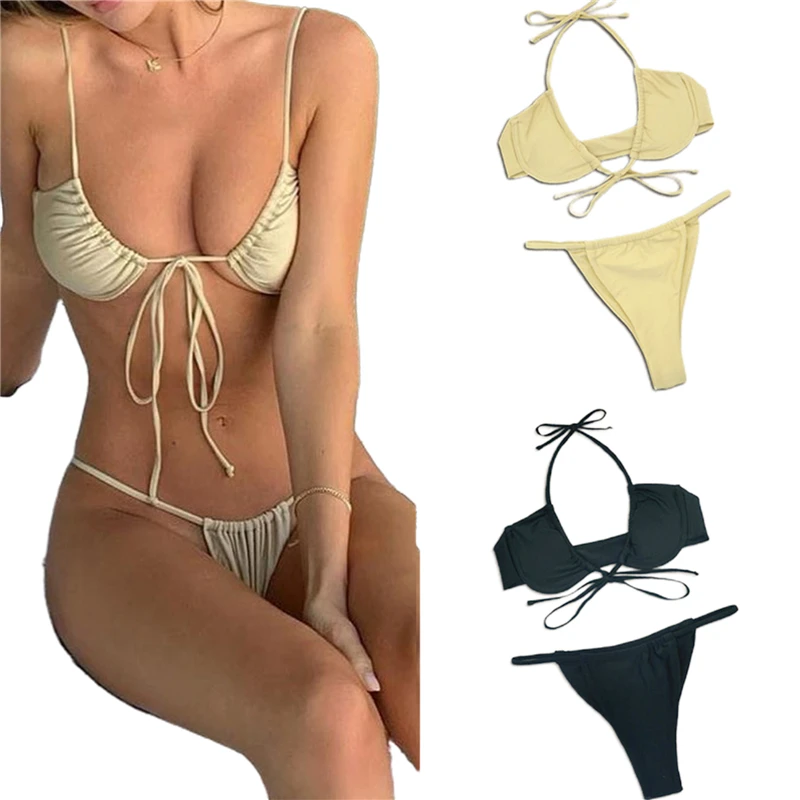 

Meihuida Woman Sexy Women's Solid Color Bikini Sleeveless Sling Tops Briefs Swimsuit Classic Bare Midriff Ladies Two-pieces Set