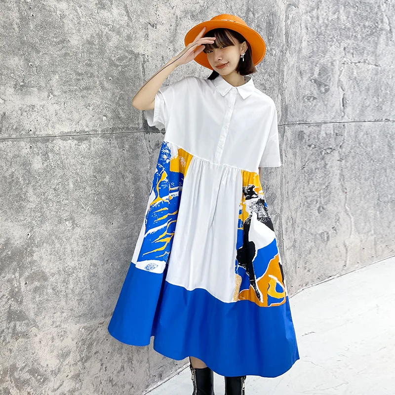 

Japanese department contracted wind dress lady new style summer is loose show thin short sleeve print shirt skirt