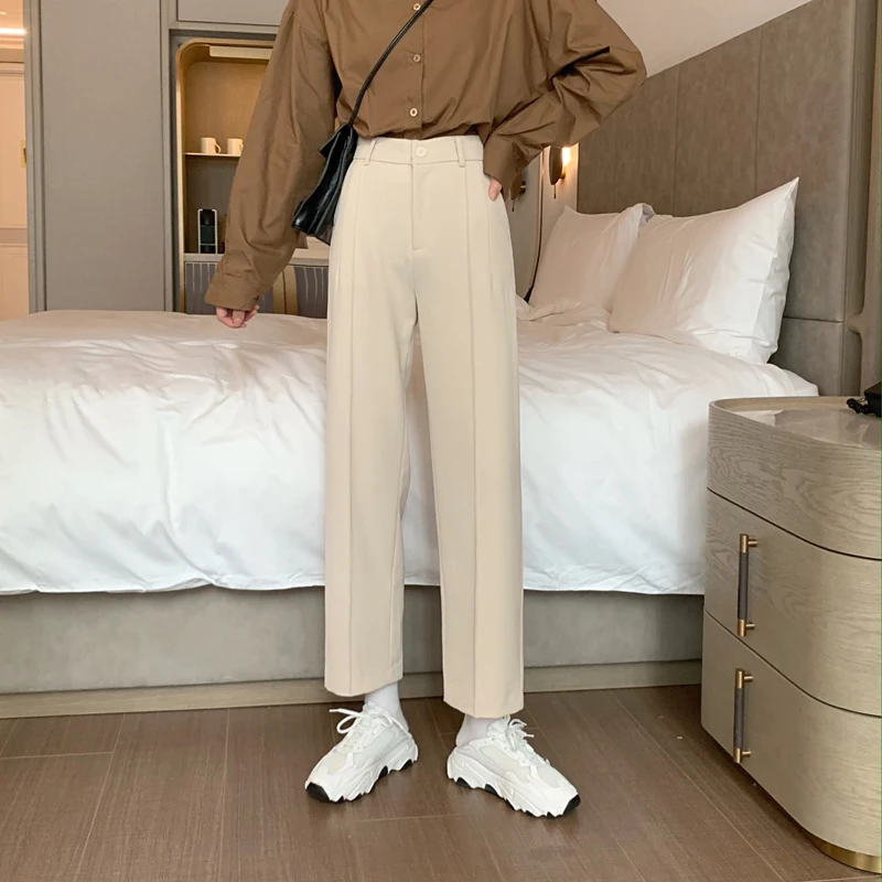 

Korean Style Women Fashion Suit Pants Spring Office Lady Ankle-length Pants Casual Solid Loose High Waist Wide Leg Pants