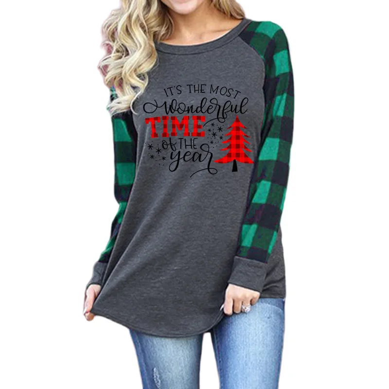 

Carney top Christmas tree print round neck long sleeve T-shirt