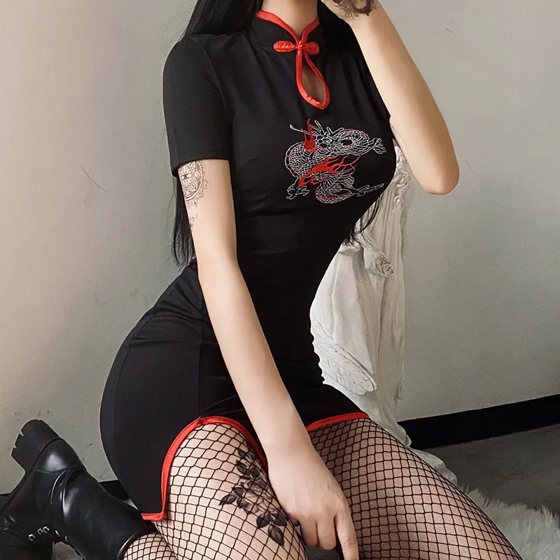 Тёмно-черное ретро-платье Чонсам с вышивкой дракона в стиле Харадзюку