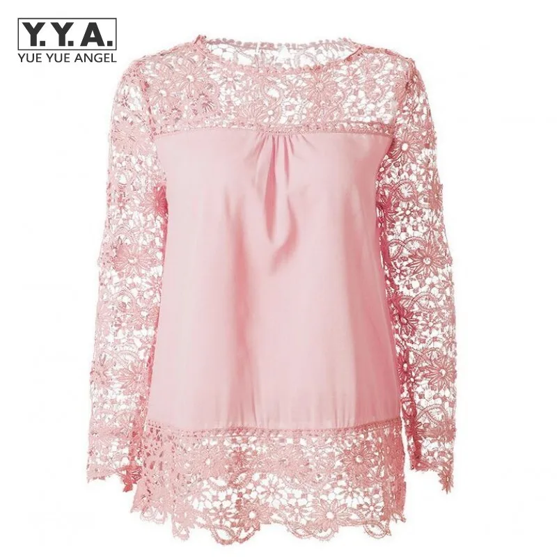 

Summer Fashion Women Lace Crochet Tee Chiffon Shirt Blouse Female Hollow Long Sleeved Casual Shirts Tops Woman Blouses White