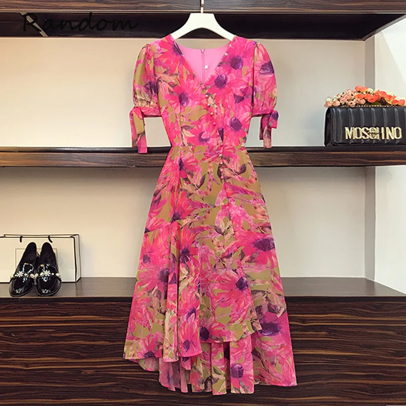 

Women Plus Size M-4XL Floral Print Boho Chiffon Red Dress Short Sleeve V Neck Beach Party Dresses Summer Beach Sweet Clothing