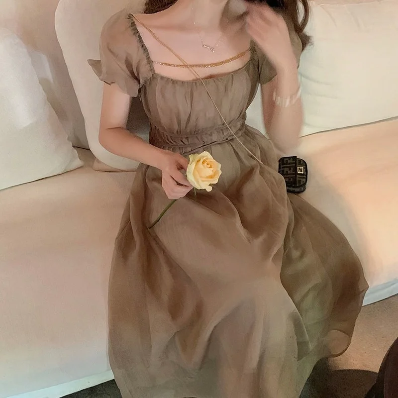 

Французская старинная квадратный воротник миди платье сетчатые летние женские повседневные футболки с коротким рукавом элегантное платье...