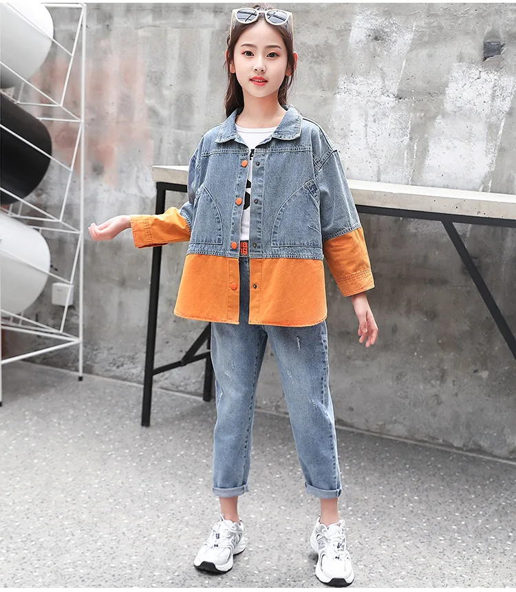 

Girls Denim Set Kids Clothing 2020 Autumn Fashion Patchwork Long Sleeve Girls Clothes Teenage Children Jacket & Pants Outfits