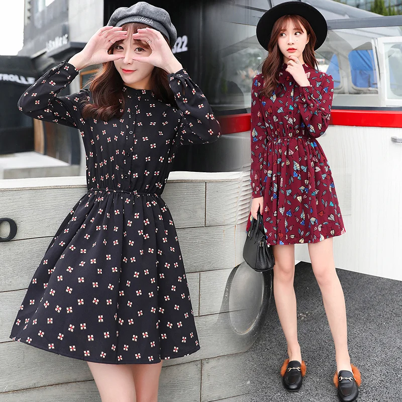 2019 осенняя одежда с принтом тонкая плиссированная юбка Осеннее шифоновое платье