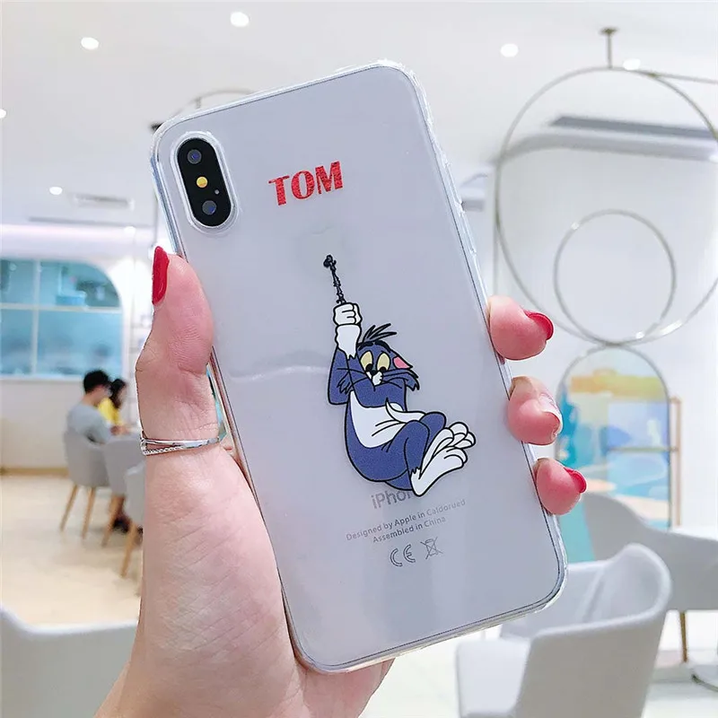 Чехол для телефона с мультяшным котом и мышкой для iphone 11 Pro MAX X XS MAX XR 7 6 6S 8 Plus, мягкий прозрачный чехол из ТПУ с забавным шнурком том Джерри