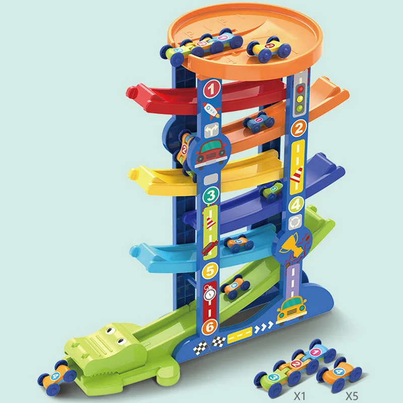 Гоночный трек с рампой и 6 миниатюрными инерционными машинками раздвижной