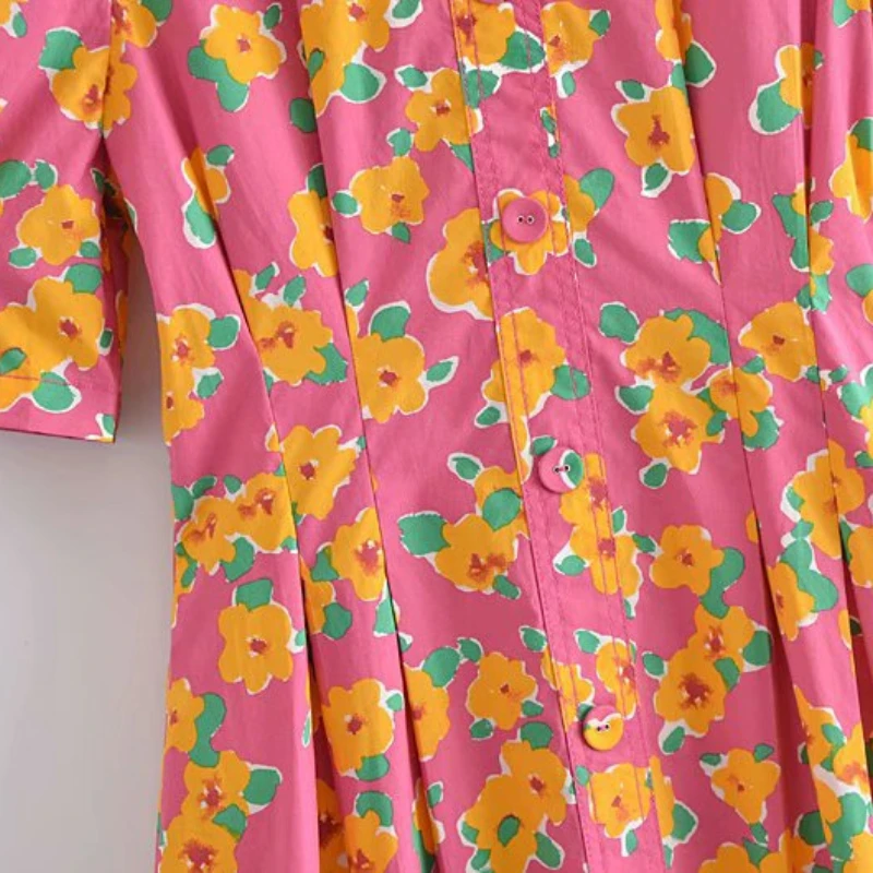 

Vintage Floral Print Mini Dress for Women Folds Slim A-line Female Dresses 2021 Summer Chic V-neck Single Breasted Vestidos