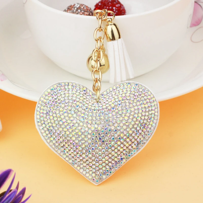 23 Fashion Keychain Heart Shape Female Full Glass Beads Key Covers Mosaic Leather Fringed Key Chain Car Ring Cap Gift - Color: 23