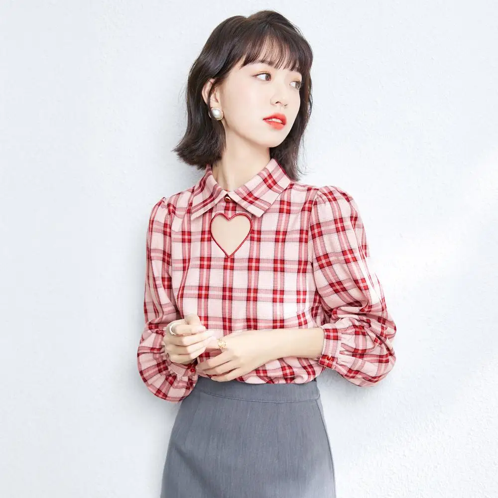 

Fashion chiffon shirt women 2021 spring new women's Korean version loose all-match blouse foreign style love plaid shirt