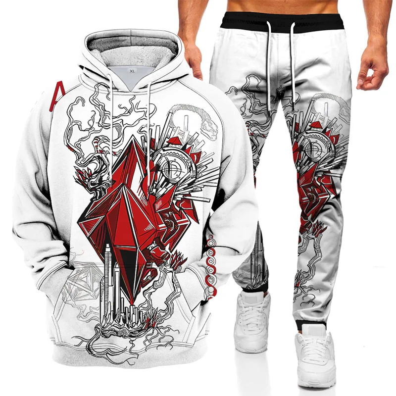 2021 new spring and autumn men's playing cards 3D printing 2-piece sportswear hooded sweater + pants suit casual men's suit