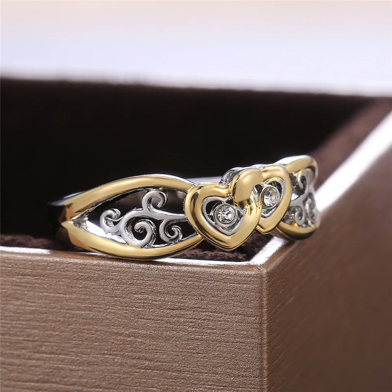 

Vintage Luxury Geometric Lines Double Love Heart Ring Gold Color Women's Rings Party Jewelry Accessories Gift