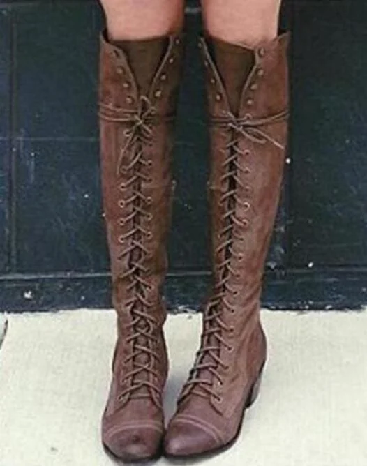 

Женские мотоциклетные сапоги до колена, на шнуровке, с перекрестной шнуровкой, обувь на низком квадратном каблуке для девочек, дамские боти...