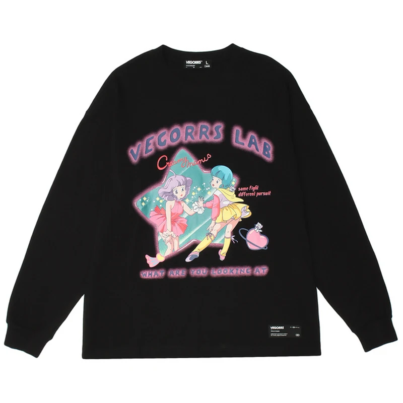 

Футболка мужская оверсайз с японским мультяшным принтом, 100% хлопок, круглым вырезом и длинным рукавом