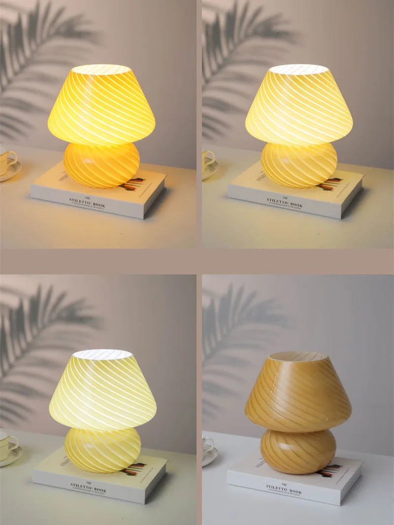 Большая разноцветная настольная лампа в форме гриба из стекла размером 9,05 дюйма с LED-подсветкой для спальни AC90V~265V в стиле Мурано и полосатым освещением.