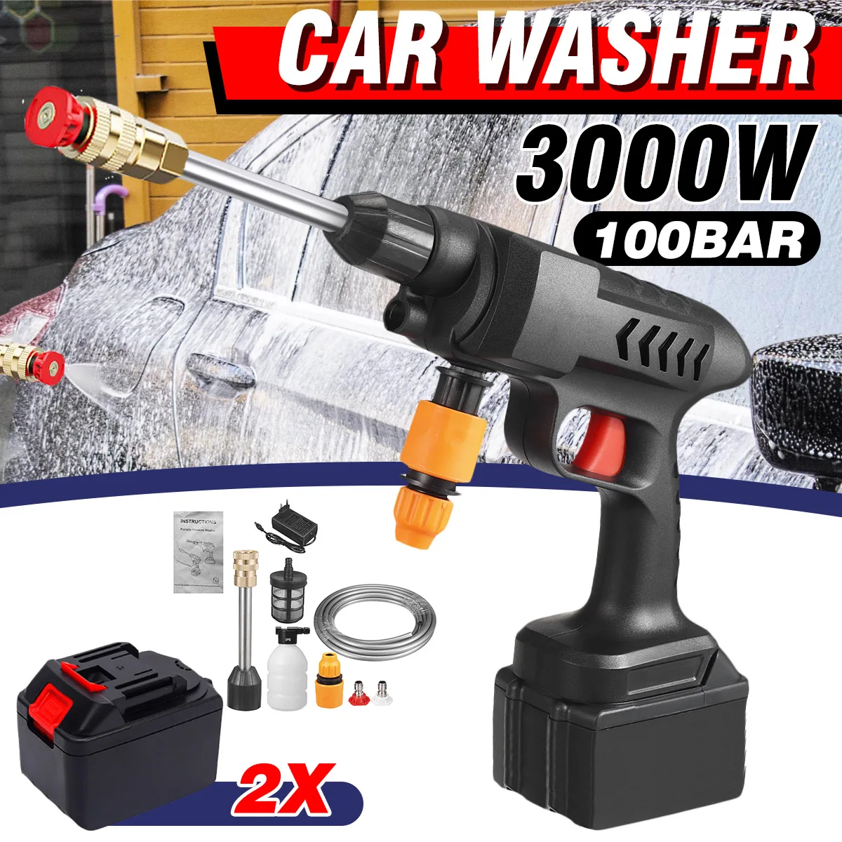 

100Bar 3000W Wireless High Pressure Car Wash Washer Gun 50000mah Foam Generator Water Gun Spray Cleaner for Makita 18V Battery