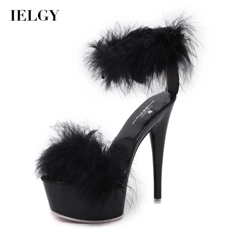 

IELGY stiletto heel solid color furry sandals Women's heel height 15.5cm side hollow platform waterproof platform 5cm round toe