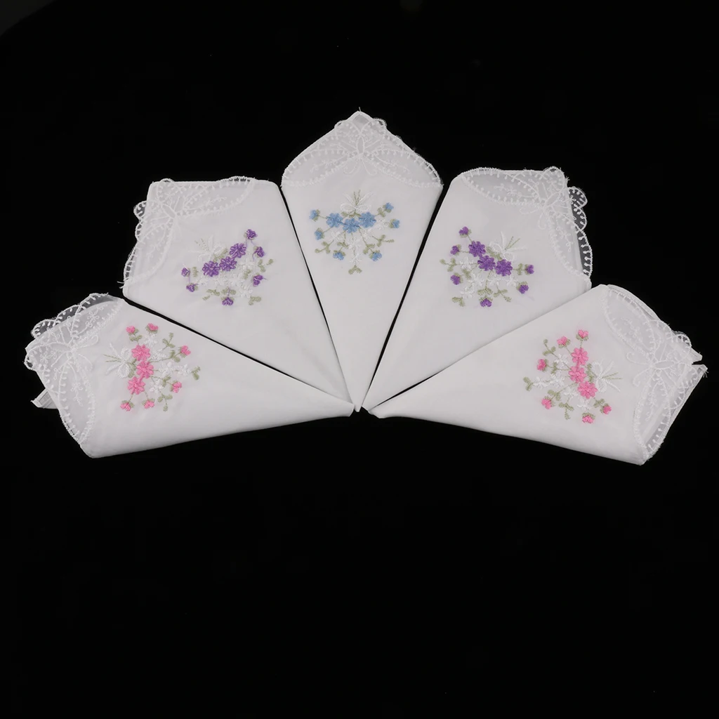 5 шт. Женский хлопковый тонкий кружевной носовой платок с цветочной вышивкой 60S