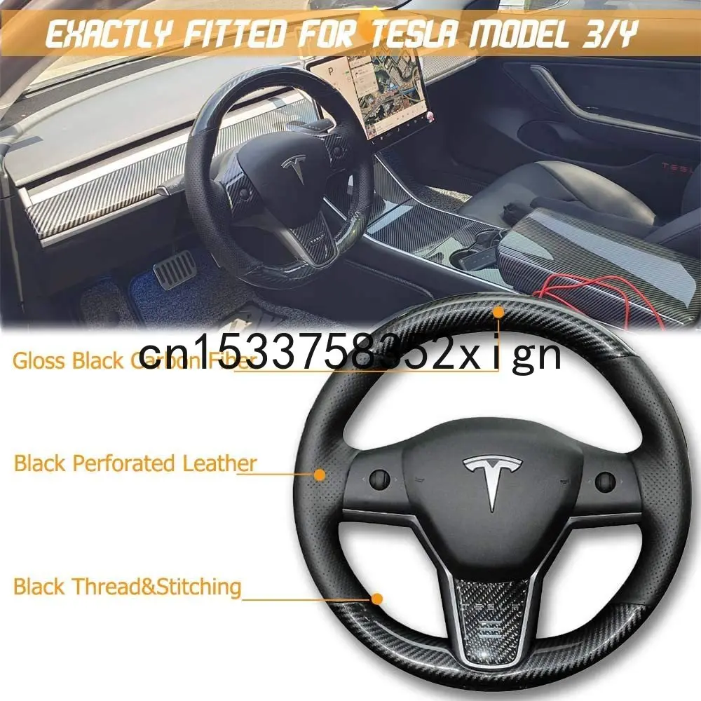 

DIY Black Perforated Leather & Carbon Fiber car Steering Wheel Cover Hand-Stitch For Tesla Model 3/Tesla Model Y car accessories