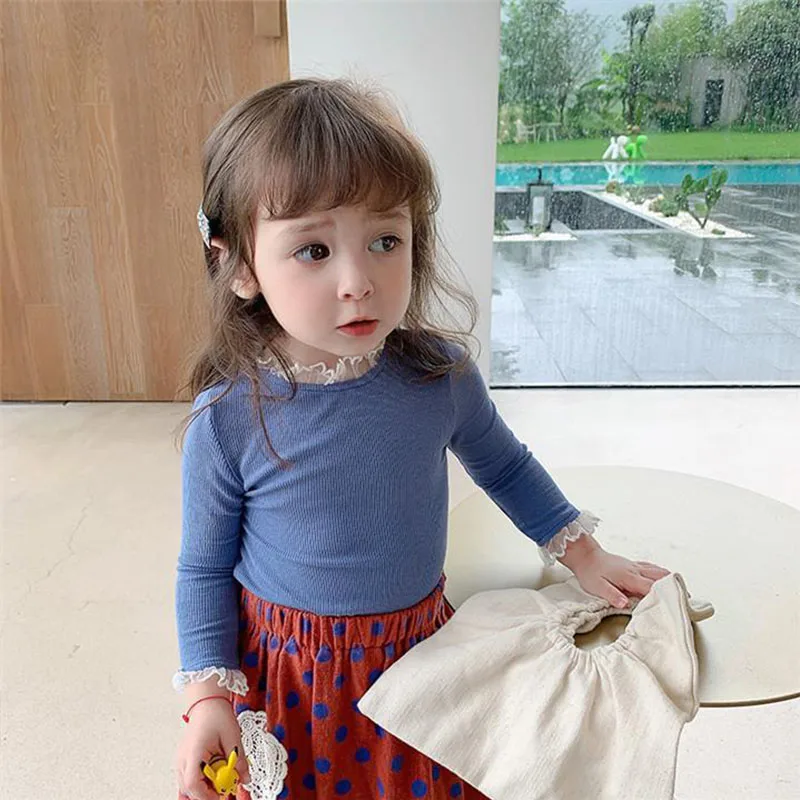 

2020 New Girls Sweaters Lace Baby Top Tees Long Sleeve Autumn Skinny Elasticity Pullover T-Shirts Girls Clothing Tops P2 040