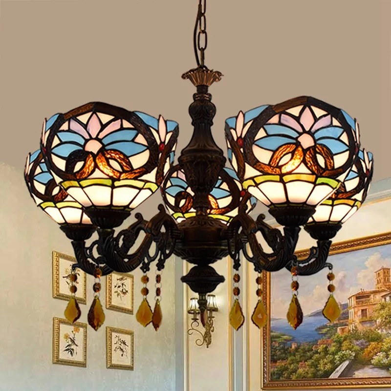 

European-Style Retro Creative Tiffany Colored Glass Lovely Baroque Bar Coffee Restaurant Crystal 5 Chandelier