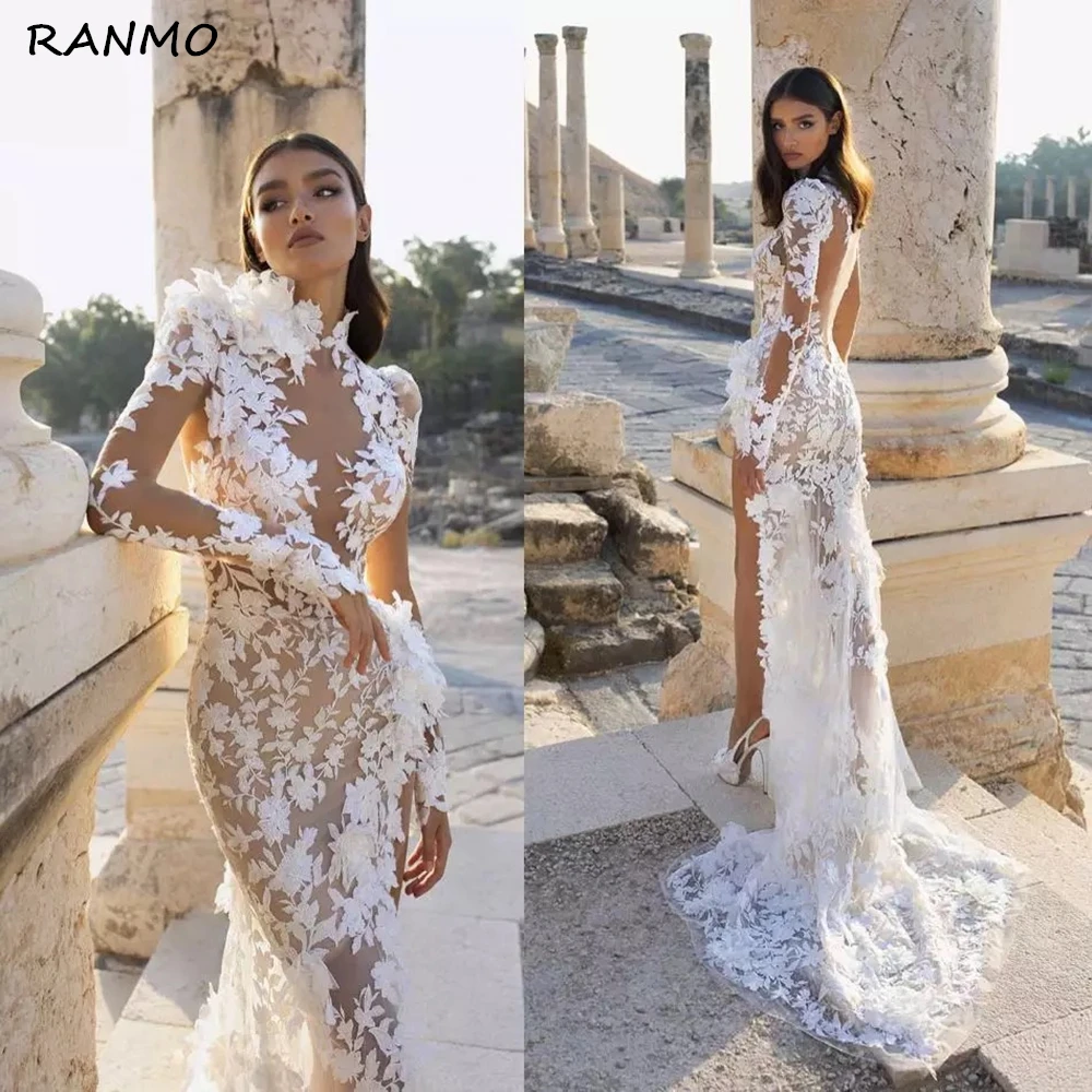 

Mermaid Wedding Dress 2021 High Collar Side Slit Illusion Lace Appliques Long Sleeve Sweep Train Boho Bridal Gown