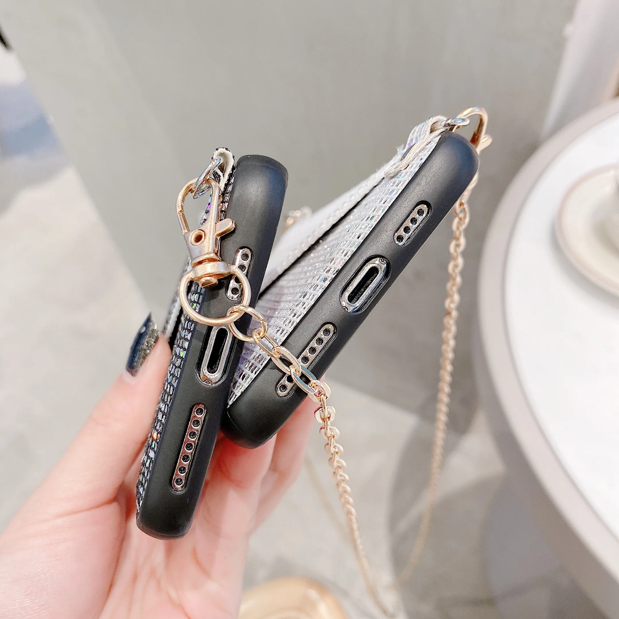 

Shining Glitter Card Slot Phone Case For iPhone 11 Pro Max XS Max 7 8 6 6S Plus X Chain Lanyard Leather Back Cover Girl Coque