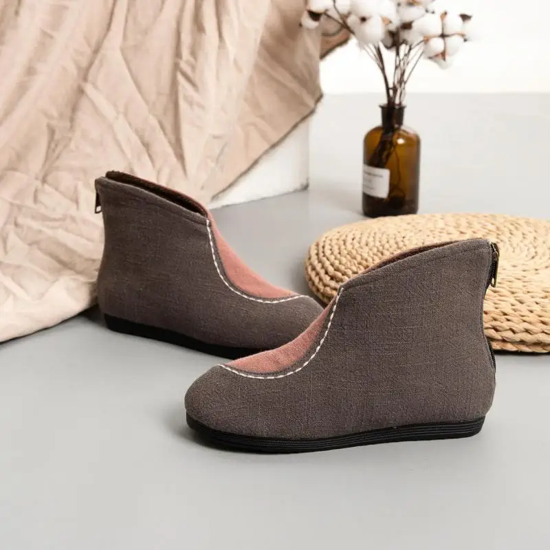 

Johnature Women Boots Cotton Shoes 2021 New Winter Mixed Colors Warm Handmade Concise Flat With Zip Sewing Retro Platform Boots
