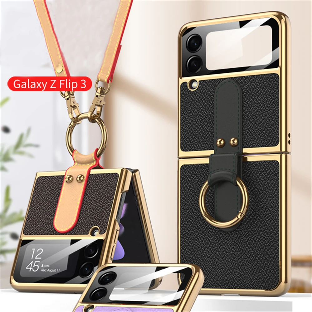 

Роскошный чехол из искусственной кожи PU с кольцом-ремешком для Samsung Galaxy Z, флип-чехол для телефона 3 дюйма, чехол со встроенным экраном, защитн...