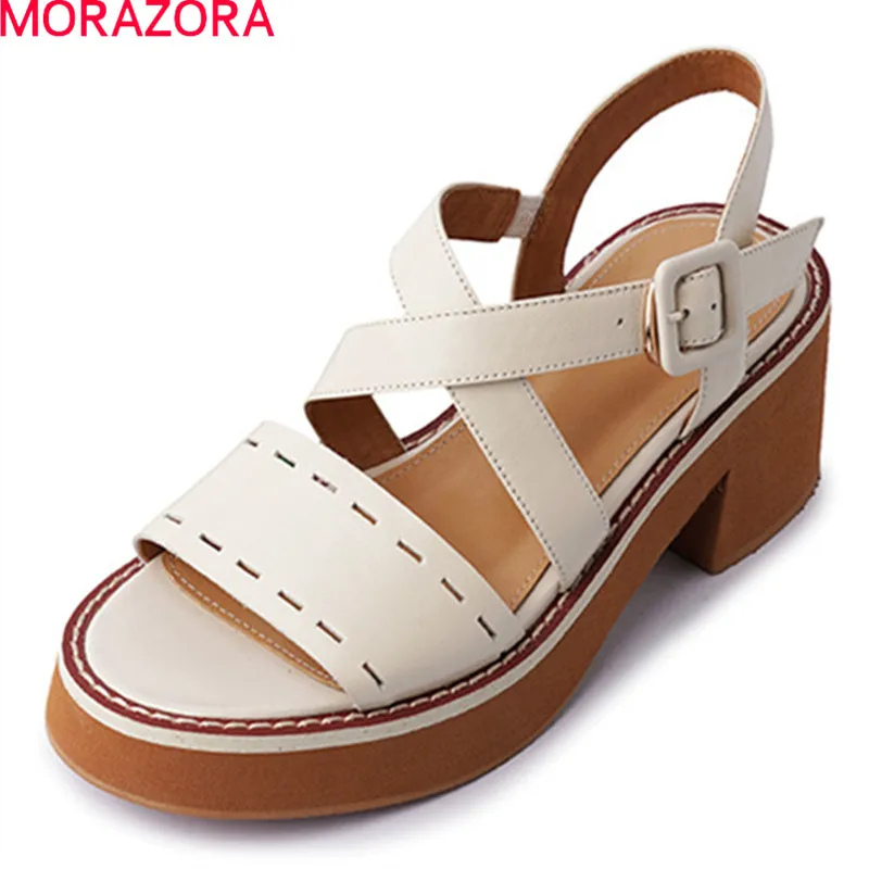 

MORAZORA 2021 New Arrival Women Sandals Genuine Leather Ladies Casual Shoes Square Heels Round Toe Buckle Ladies Sandals