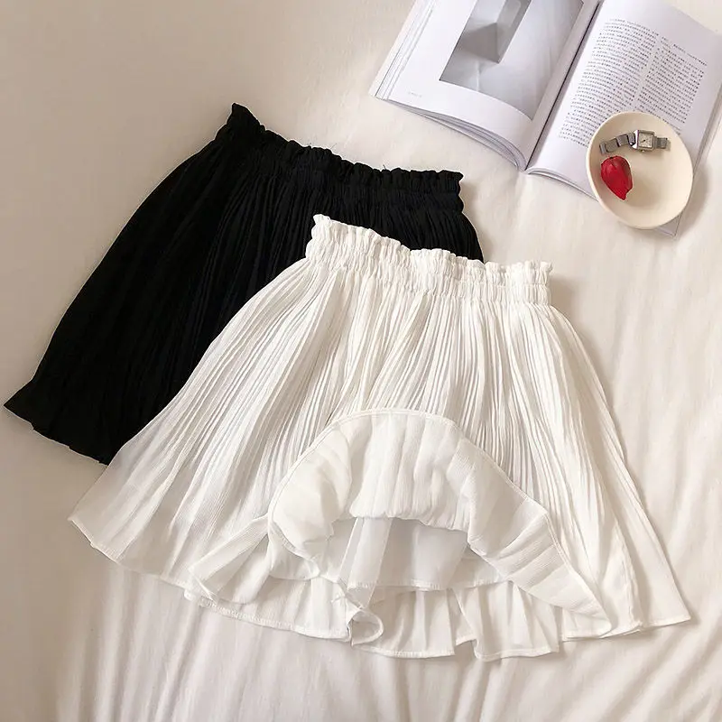 

2021 Summer Women's New Korean Mini Cotton Skirt Chiffon High Waist Thin Pleated Girl Short Skirt Pure Color