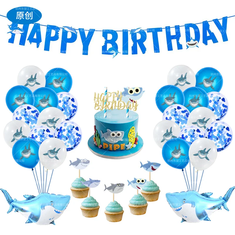 Los ni&ntilde;os globos de l&aacute;tex de tibur&oacute;n de dibujos animados tema banderines para fiesta de cumplea&ntilde;os Pastel de Bodas Topper tibur&oacute;n globo aluminio ni&ntilde;os regalo de cumplea&ntilde;os de las ni&ntilde;as-2