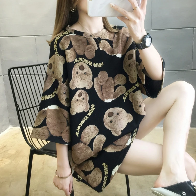 

Women Half Sleeves Crew Neck T-Shirt Cute Teddy Bear Pattern Print Graphic Tee Tops Harajuku Hip Hop Oversized Casual Loose M7DD