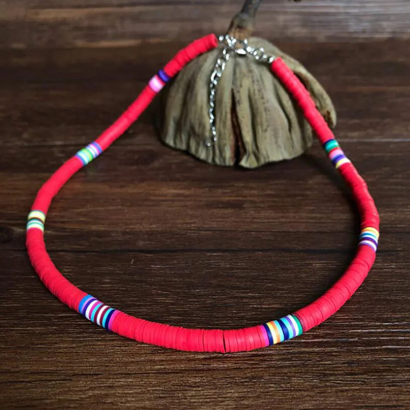 Beach Heishi Beads Collar Necklaces Rainbow Striped Polymer Clay Strand Surfer Necklace Choker For Girl | Украшения и аксессуары
