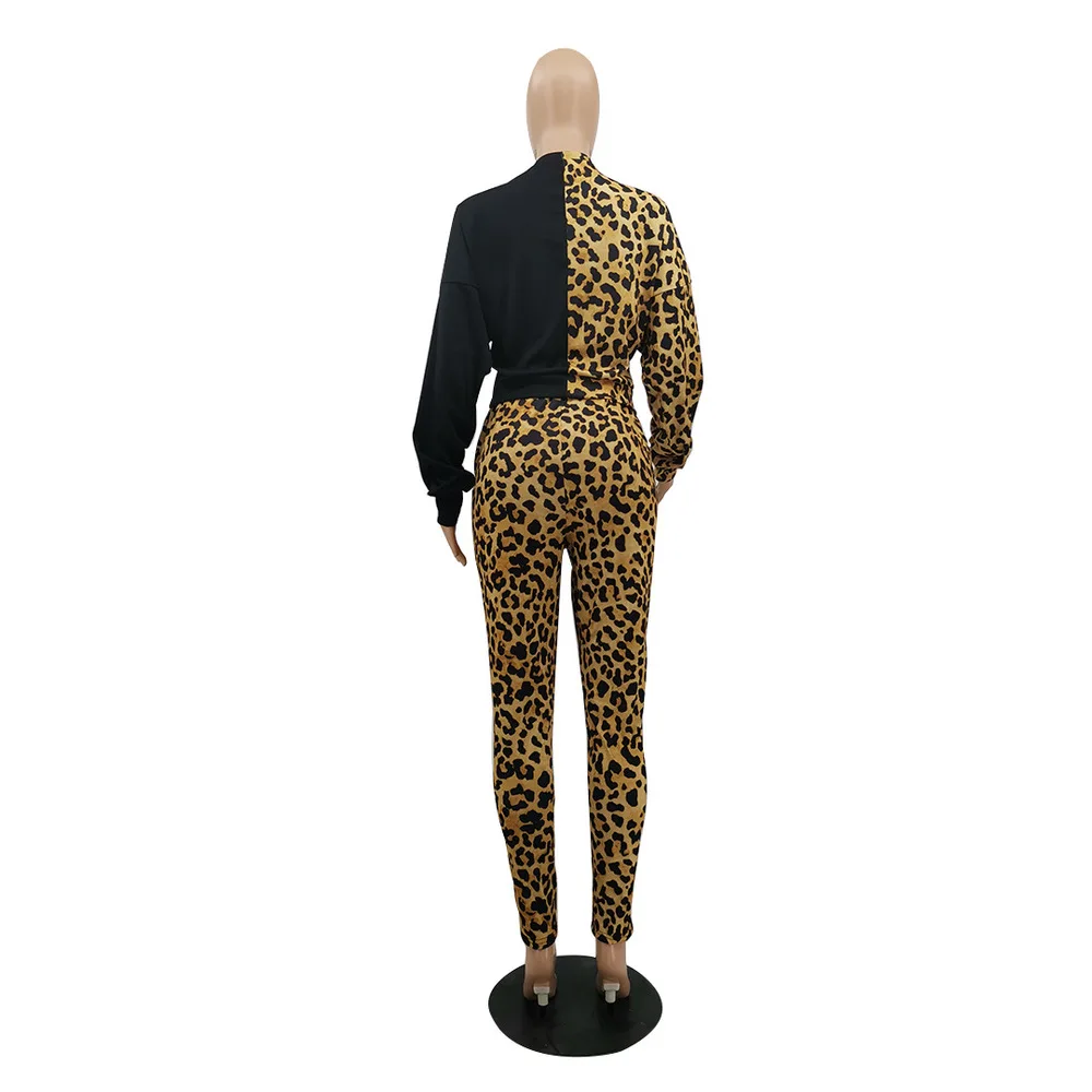 

Camouflage Leopard Print 2 Two Piece Outfits for Women Lace Up Long Sleeve Crop Top and Workout Sweatpant Sweet Sport Tracksuit