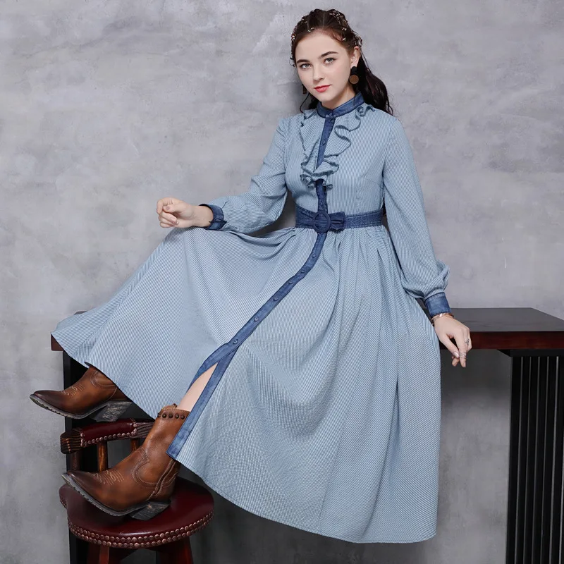 

spring 2020 new collect waist stripe long falbala collar restoring ancient ways of cultivate morality dress 82211