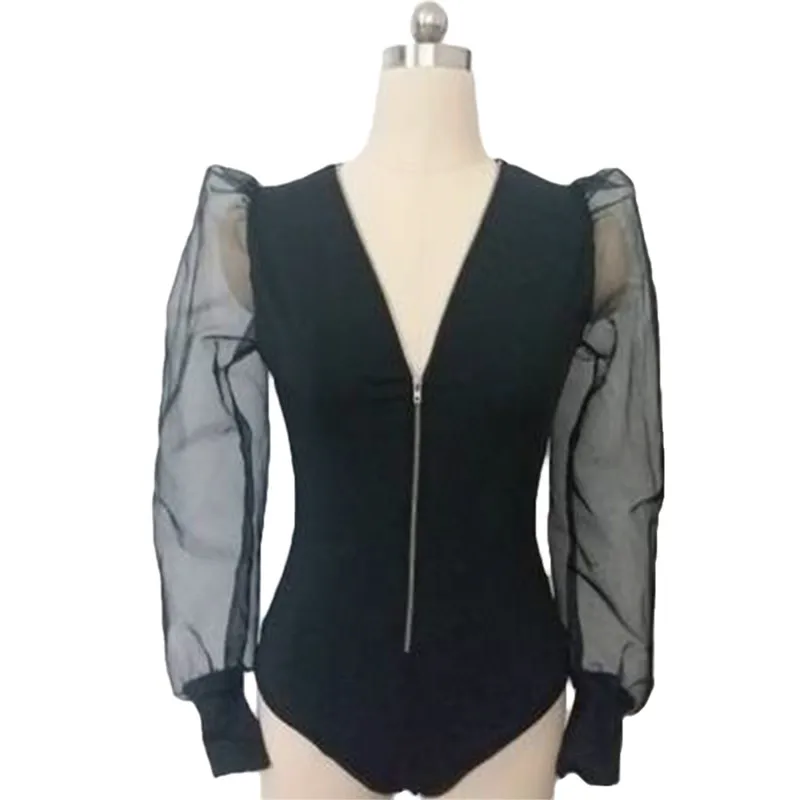 

Fashion Women Solid Plus Size Sheer Long Mesh Puff Sleeve V neck Zipped See-through Vintage Club Romper Bodysuit Autumn Outfits