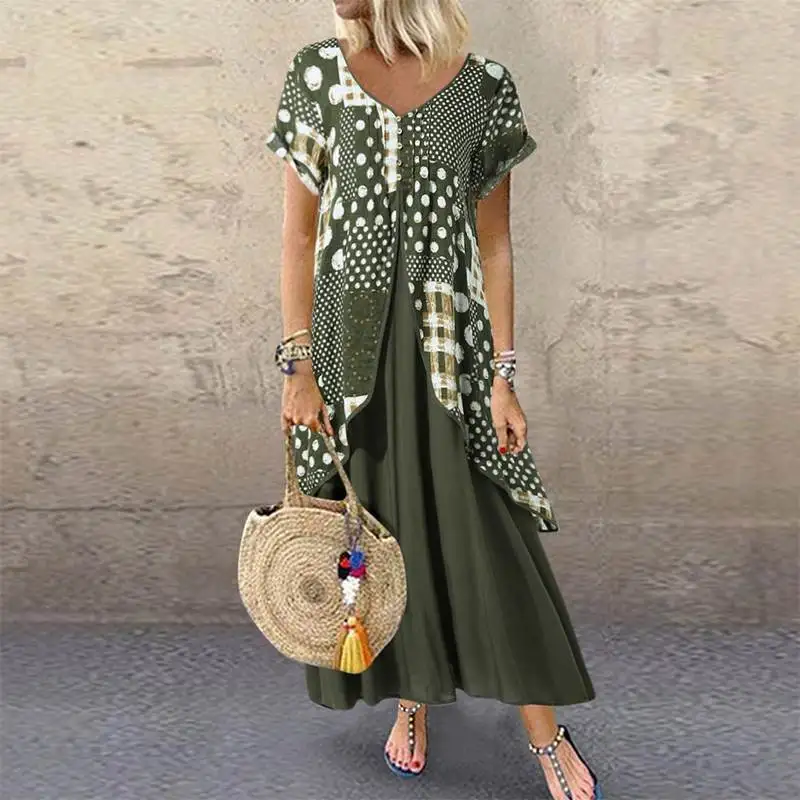 

2021 ZANZEA Maxi Long Dress Autumn Summer Dress Women Polka Dot Print Patchwork SundressPleated Plus Size Sexy V Neck Vestidos